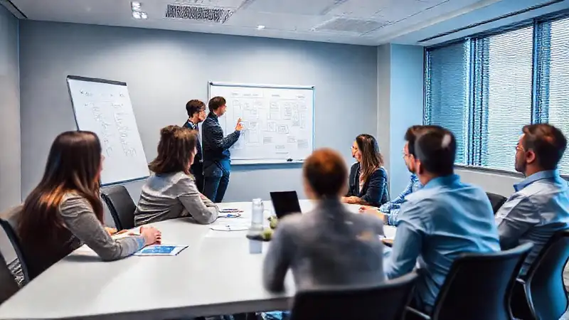 Equipo diverso planifica estratégicamente en calma