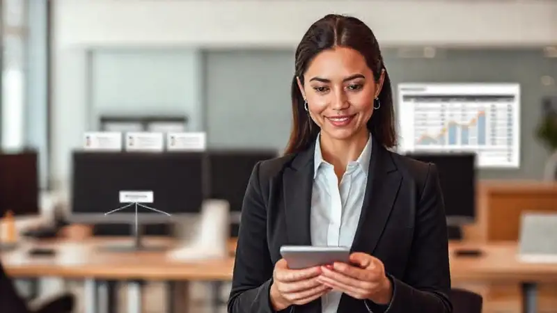 Analista digital muestra datos visualmente tranquila