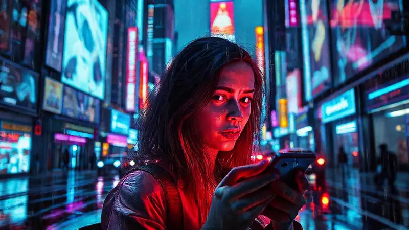 Una mujer ansiosa observa la ciudad digital