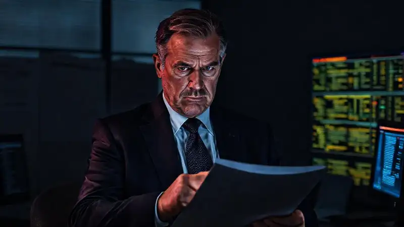 Un hombre serio enfrenta una alerta urgente