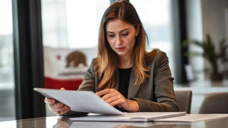 Mujer revisa contrato en oficina moderna