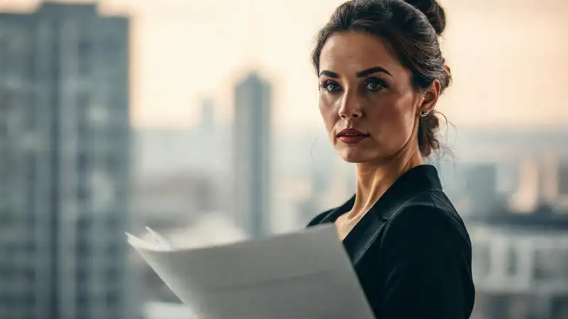 Mujer elegante examina documentos serios