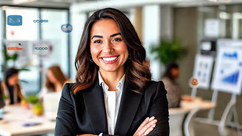 Una ejecutiva sonríe en estrategia moderna