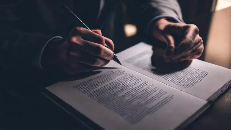 Un profesional firma documentos en oficina