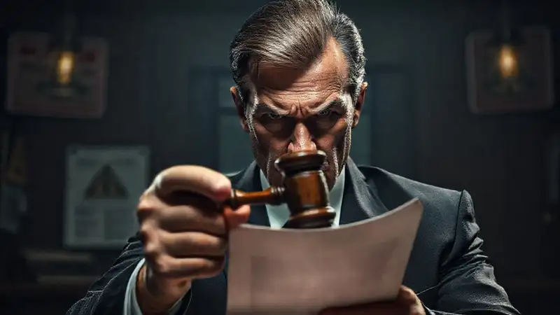 Justicia severa en un despacho oscuro