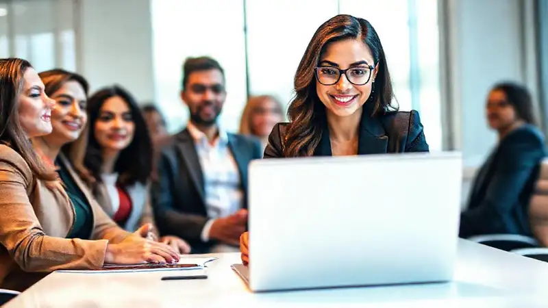 Mujer profesional colabora en entorno moderno
