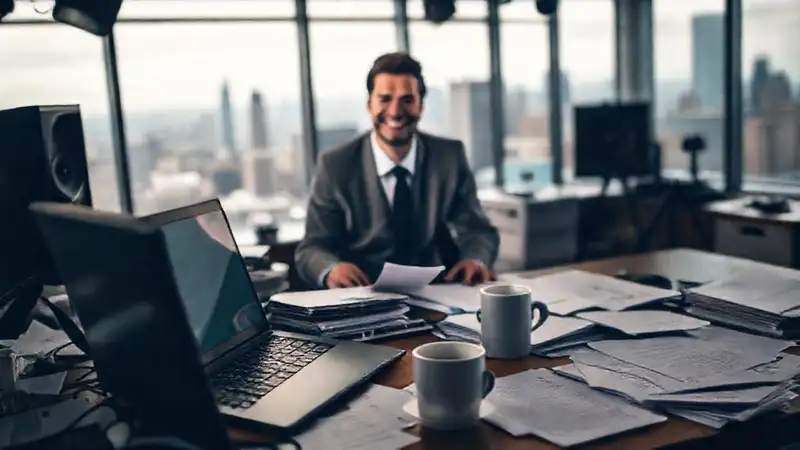 Un periodista feliz celebra una noticia