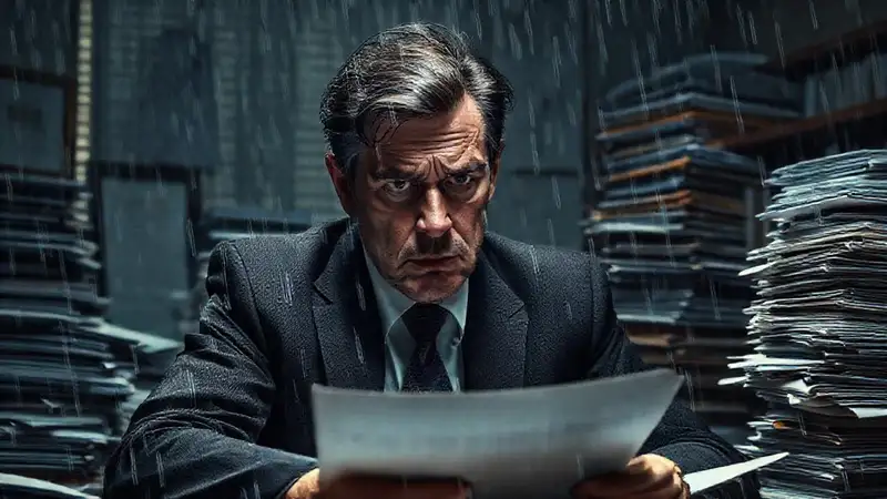 Un abogado frustrado enfrenta papeleo legal sombrío
