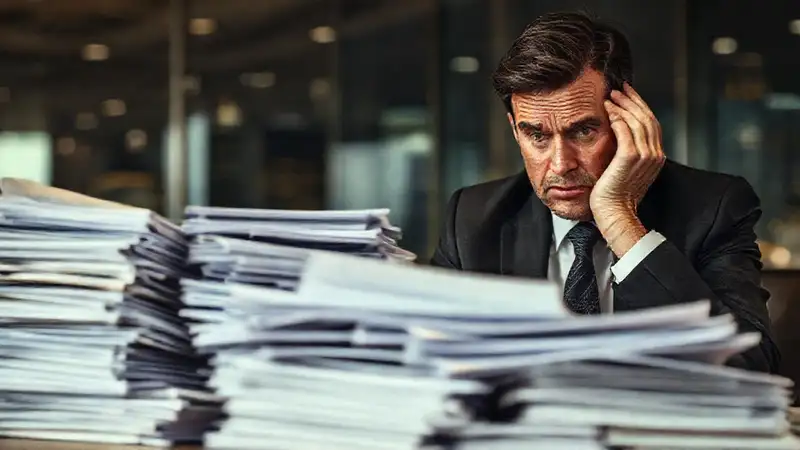 Un abogado confuso enfrenta documentos abrumadores