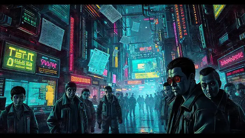Ciudad cyberpunk, tecnología y seriedad