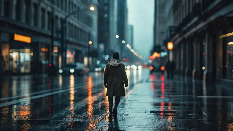 Ciudad lluviosa: figura solitaria y melancolía