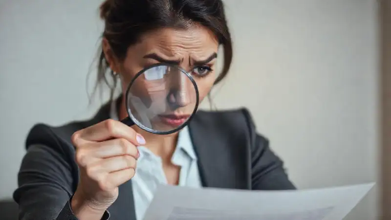 Una mujer estudia un contrato complejo
