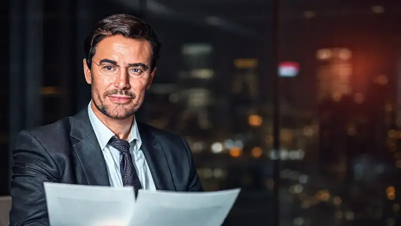 Abogado corporativo transmite confianza en entorno profesional