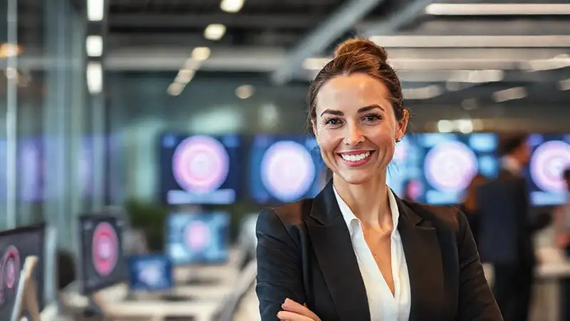 Mujer ejecutiva moderna proyecta confianza empresarial