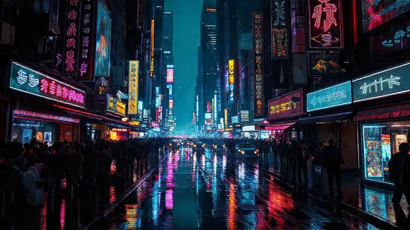 Ciudad cyberpunk vibrante y oscura