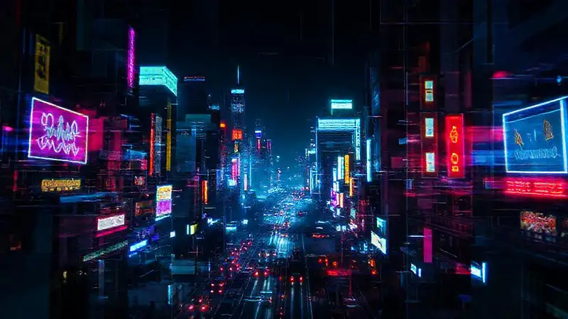 Ciudad digital surrealista con luces vibrantes